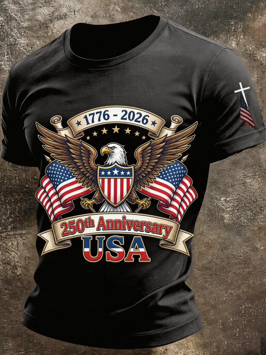 Men'S Casual Retro American 250Th Anniversary Commemorative Short Sleeved Shirt