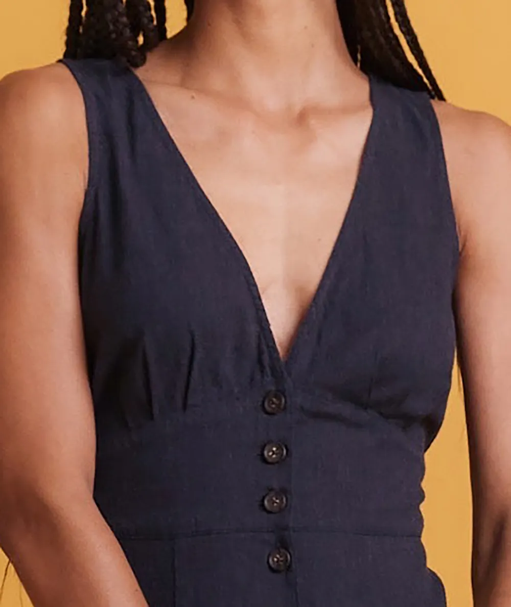 Navy Button-Down Sleeveless Midi Dress