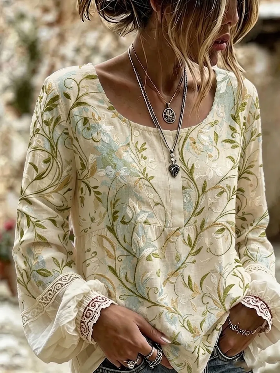 Women'S Retro Bohemian Style Plant Embroidered Printed T-Shirt