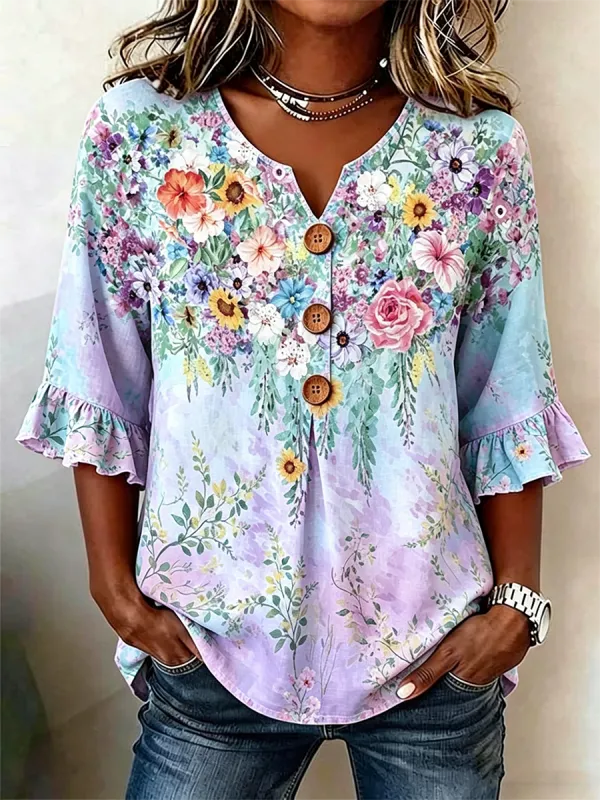 Women's Half Sleeve Floral Lightweight Loose Shirt