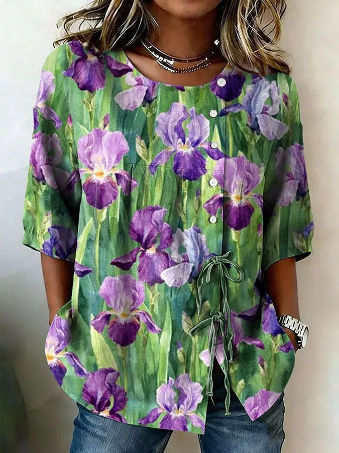 Women's Flowers Printed Cotton and Linen Top
