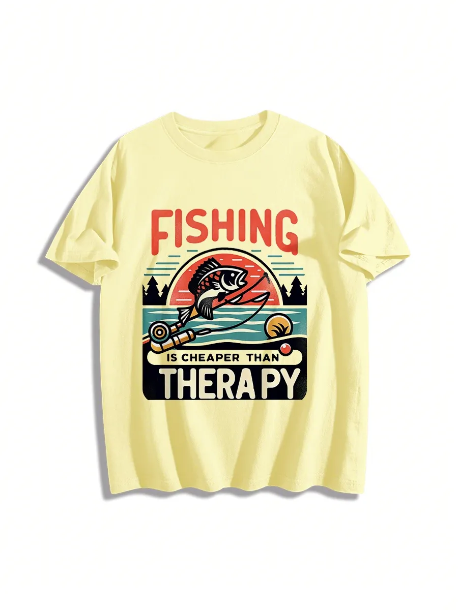 Retro Fishing Therapy Print T-Shirt