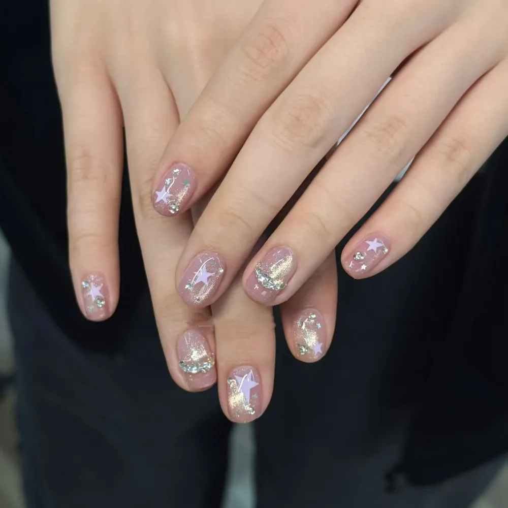 Nailhour 10Pcs Purple Rhinestone Cat Eye Short Squoval Press On Nails