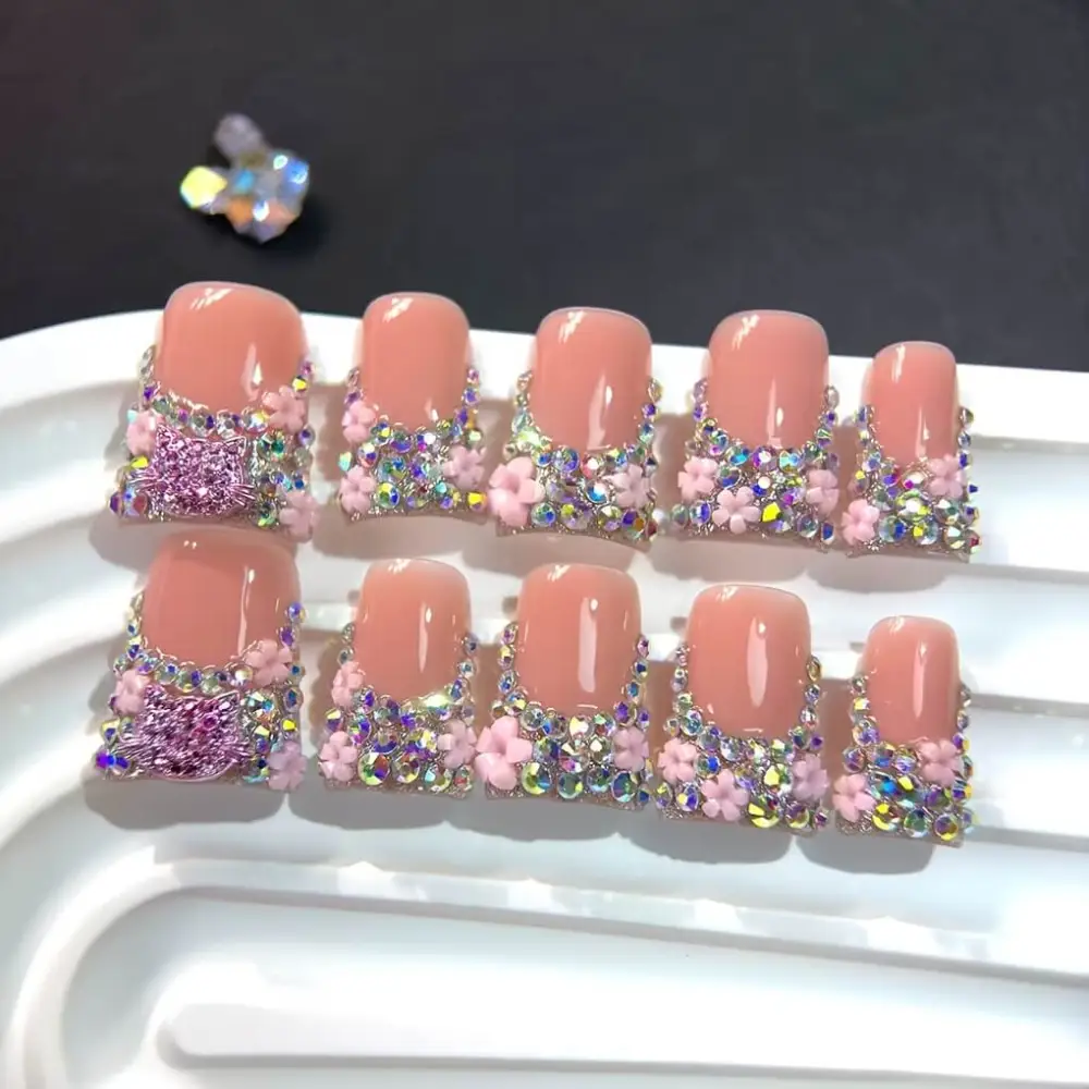 Nailhour 10Pcs French Short Duck 3D Handmade Barbie Glitz Press On Nails