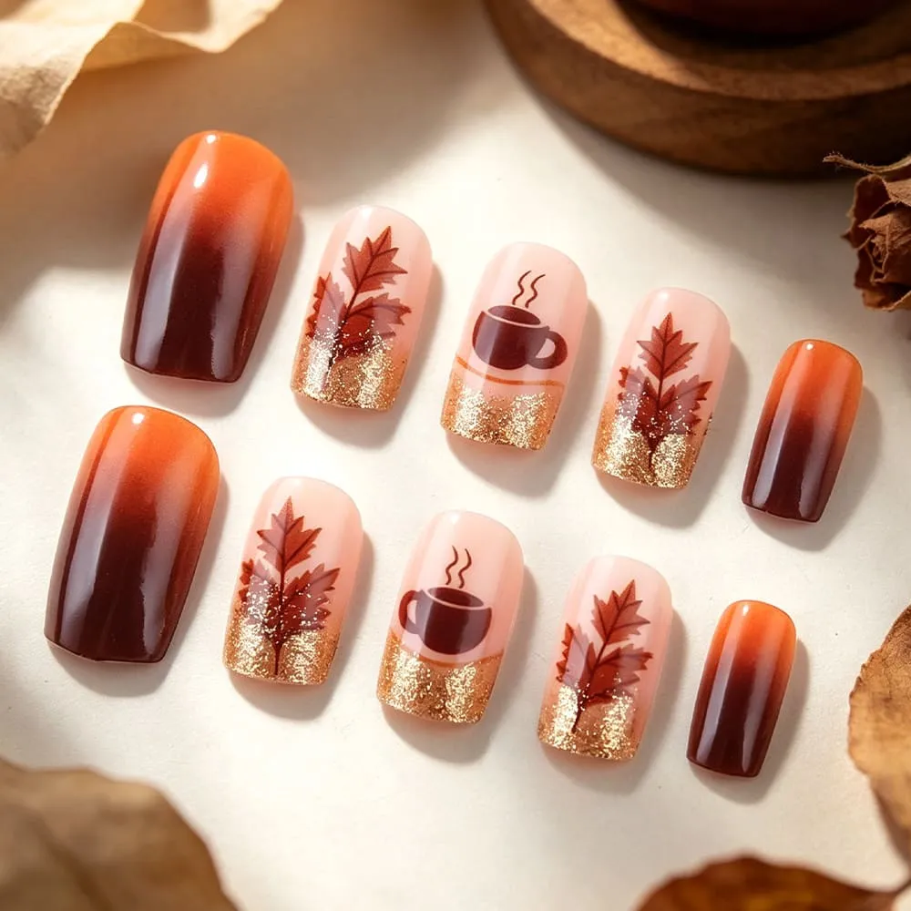 Nailhour 24Pcs Floral Autumn Glitter Medium Square Press On Nails