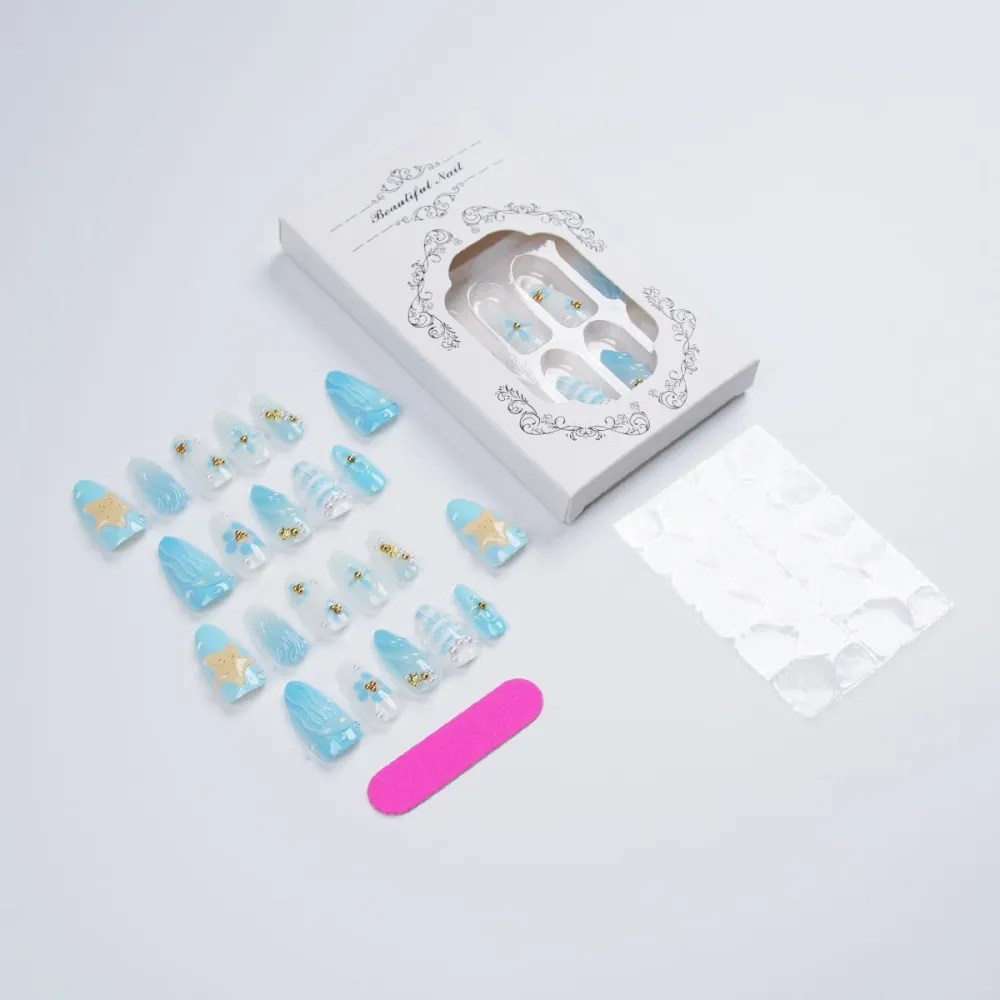 Nailhour 30Pcs Blue Gradient 3D Medium Almond French Press On Nails