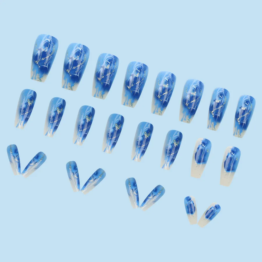 Nailhour Hot Girl Glitter Heart Nail Art 24Pcs Blue Press On Nails