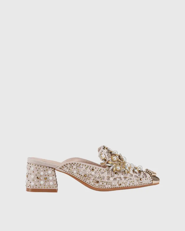 Pearl Embellished Mules in Beige