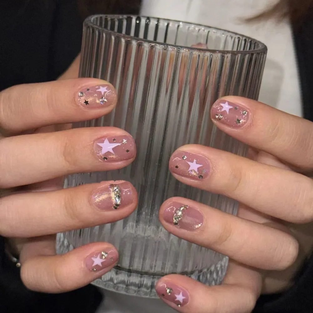 Nailhour 10Pcs Purple Rhinestone Cat Eye Short Squoval Press On Nails