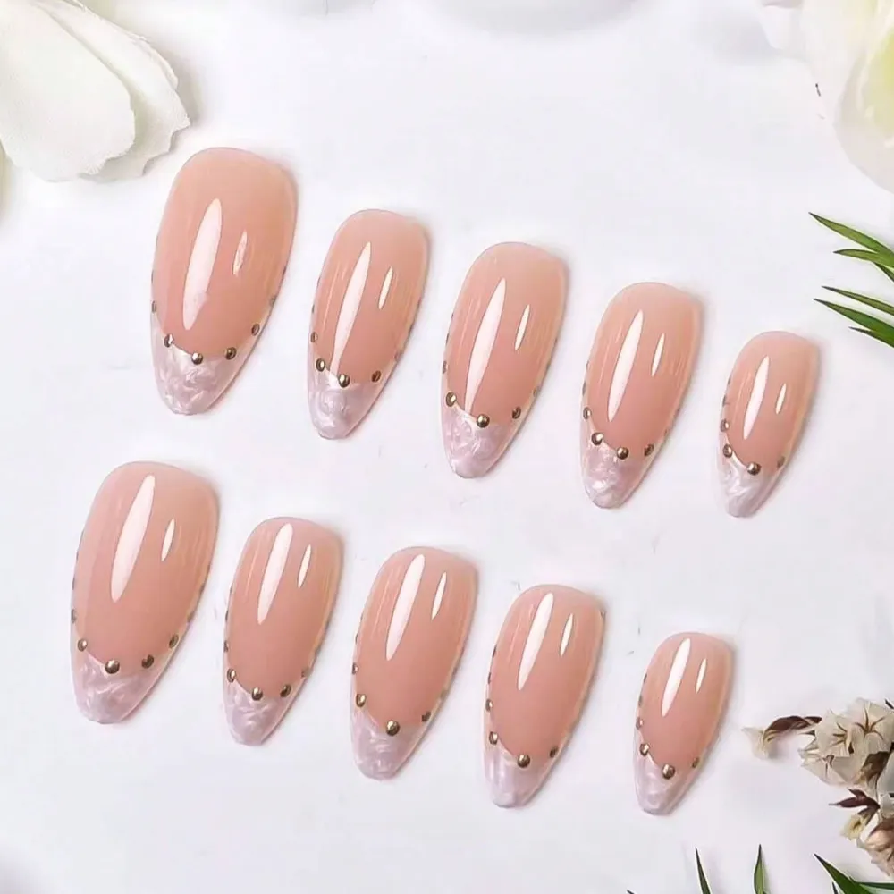 Nailhour 10Pcs Handmade French Medium Almond Rhinestone Nude Press On Nails