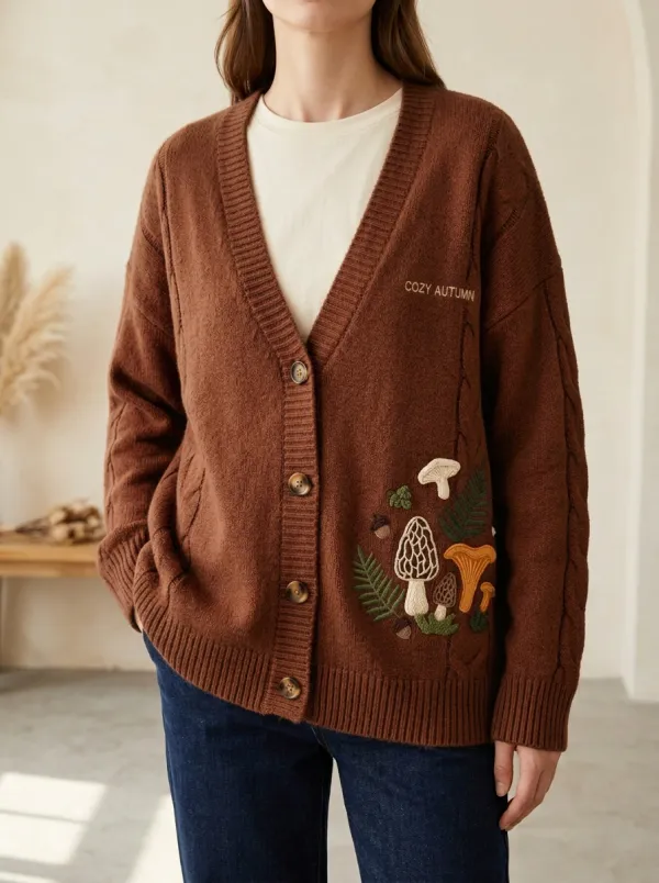 Mushroom Fern Embroidered Women's Knit Cardigan