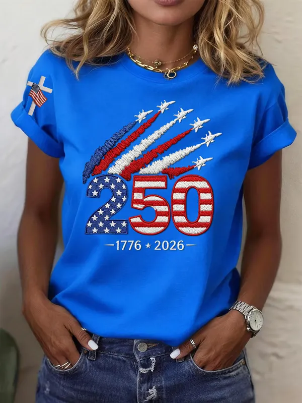 American Women's 250th Anniversary Embroidered Printed Round Neck Short Sleeve T-shirt