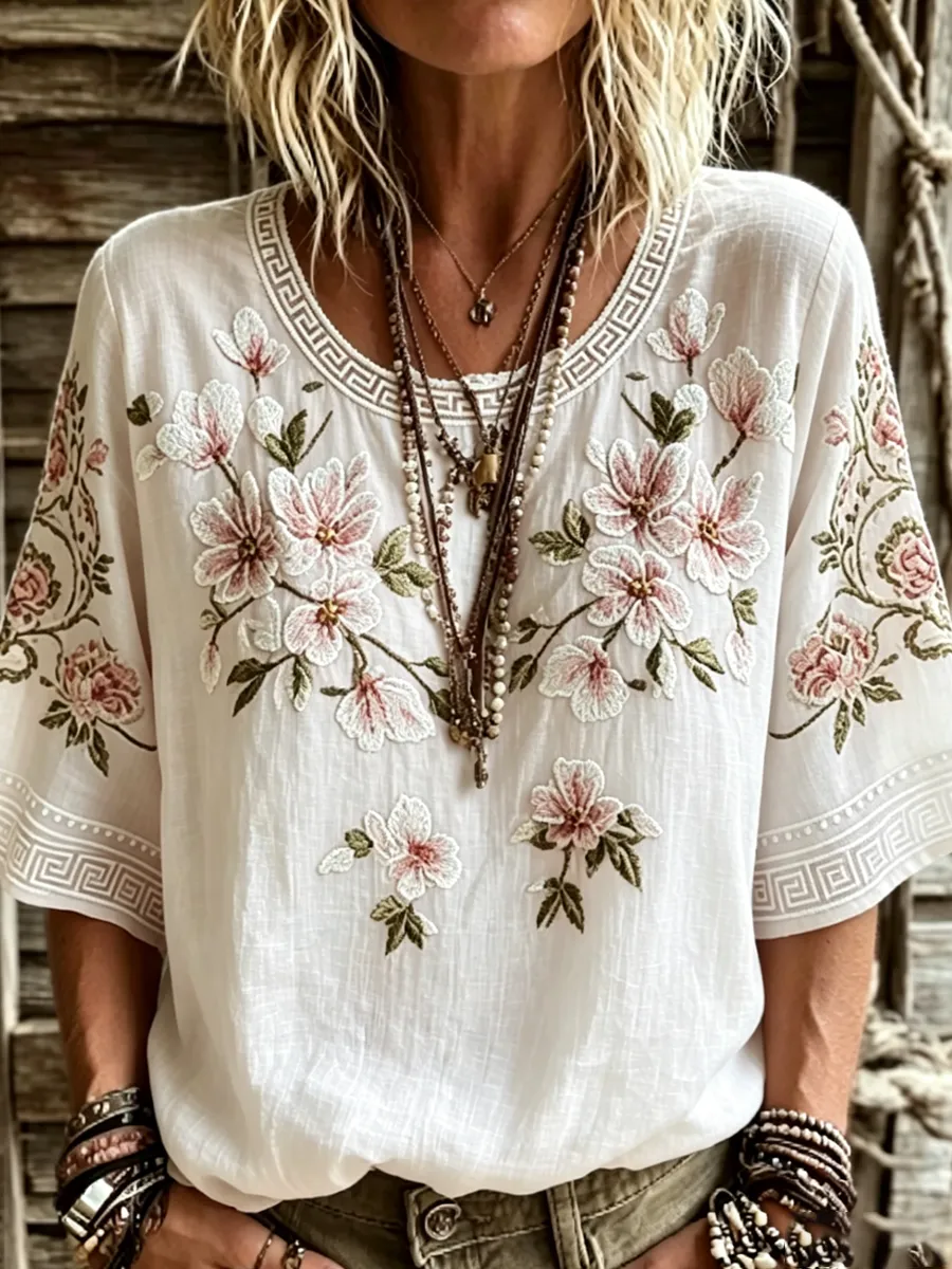 Women'S Floral Print Round Neck Short Sleeved T-Shirt