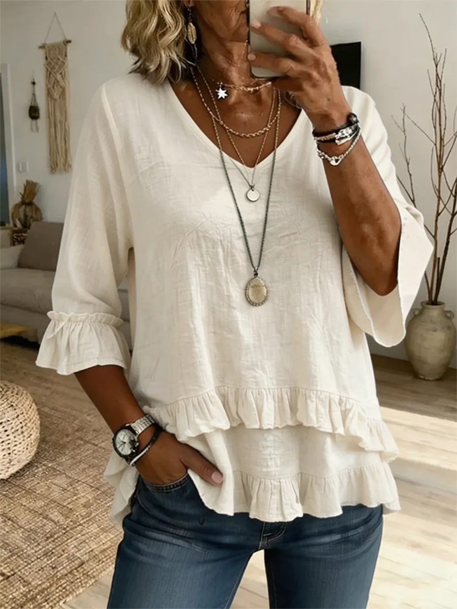 Women's Linen Blend Ruffle Hem V-Neck 3/4 Sleeve Casual Blouse