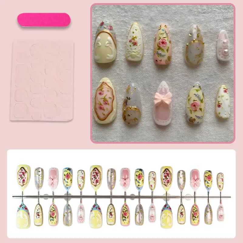 Nailhour 30Pcs Gilded 3D Resin Floral Medium Almond Press On Nails
