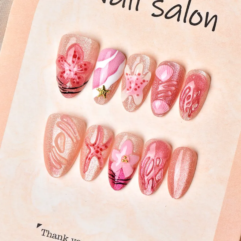 Nailhour 3D Pink Floral 30Pcs Jellyfish Press On Nails