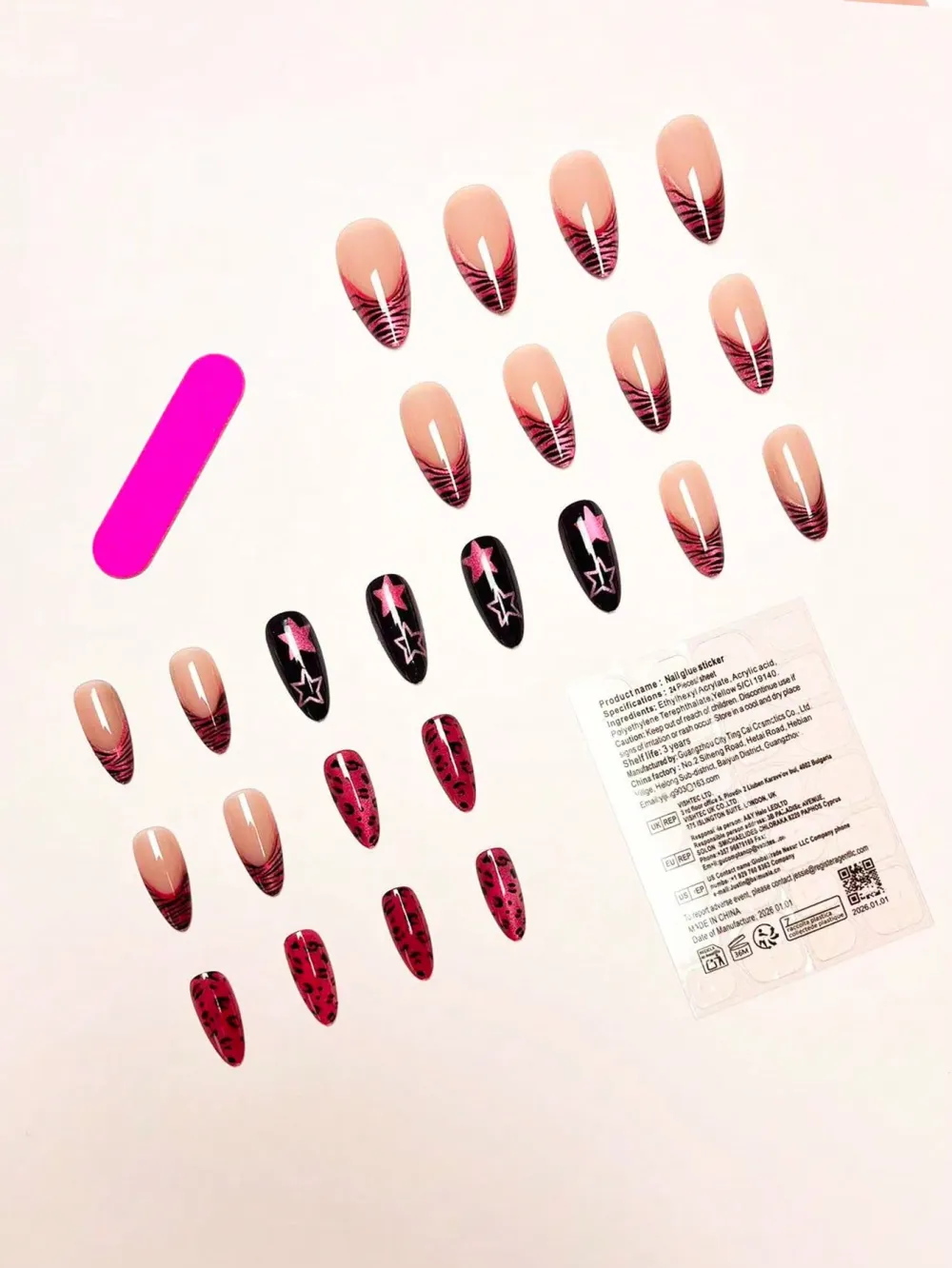 Nailhour Pink 24Pcs Cat Eye Almond Leopard Press On Nails