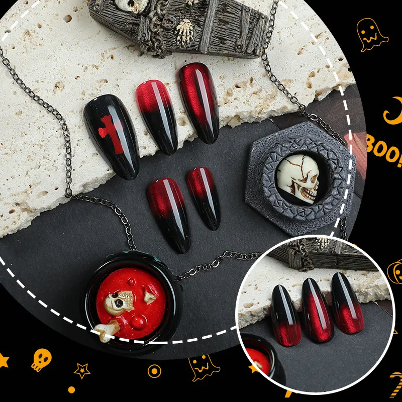 Nailhour 24Pcs Halloween Party Long Cat Eye Stiletto Press On Nails
