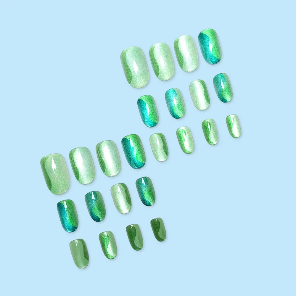 Nailhour 24Pcs Green Cat Eye Nail Art Glitter Press On Nails