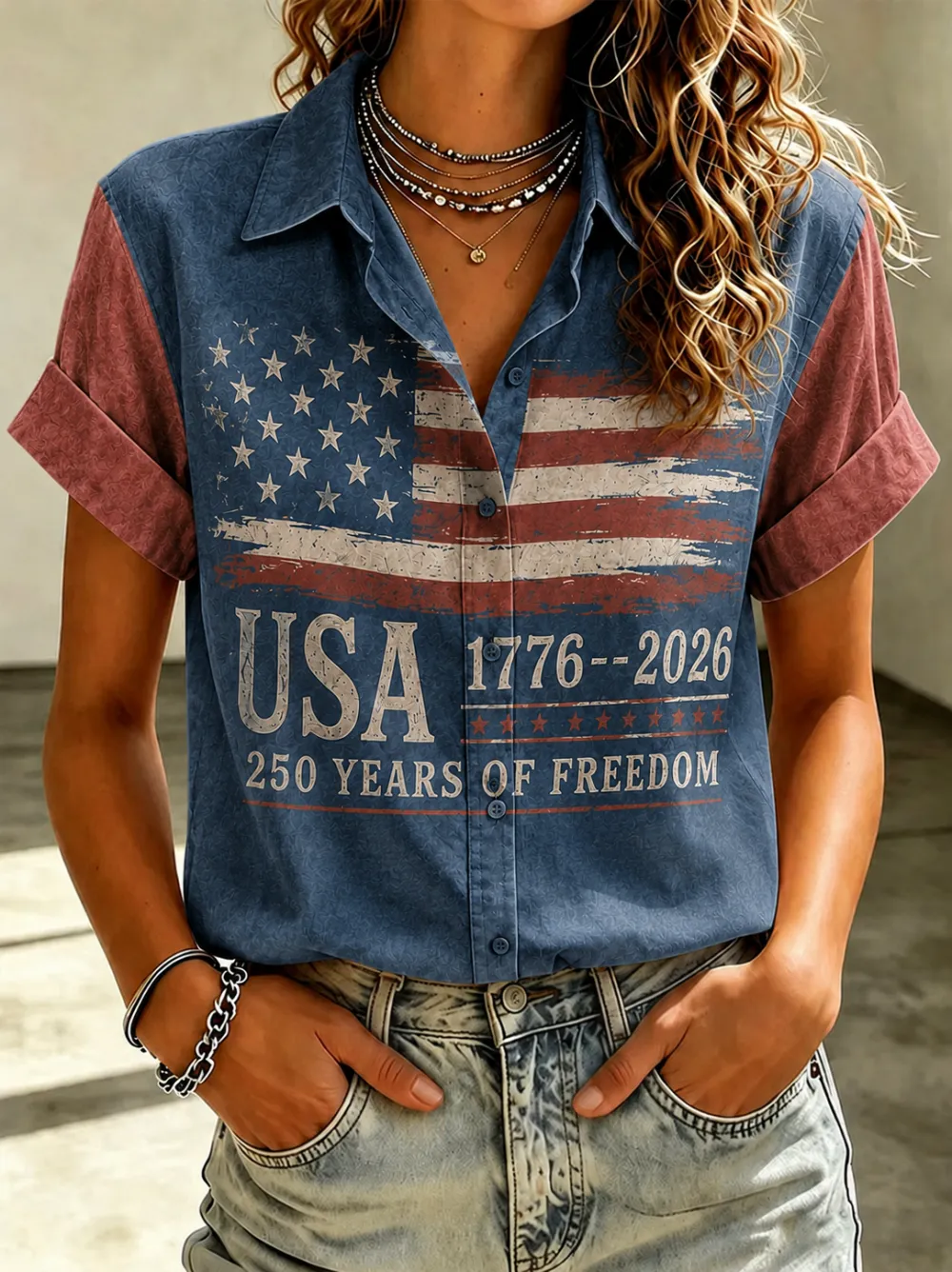 Women'S Casual American Flag 250Th Anniversary Celebration Floral Embroidery Printed Lapel Shirt