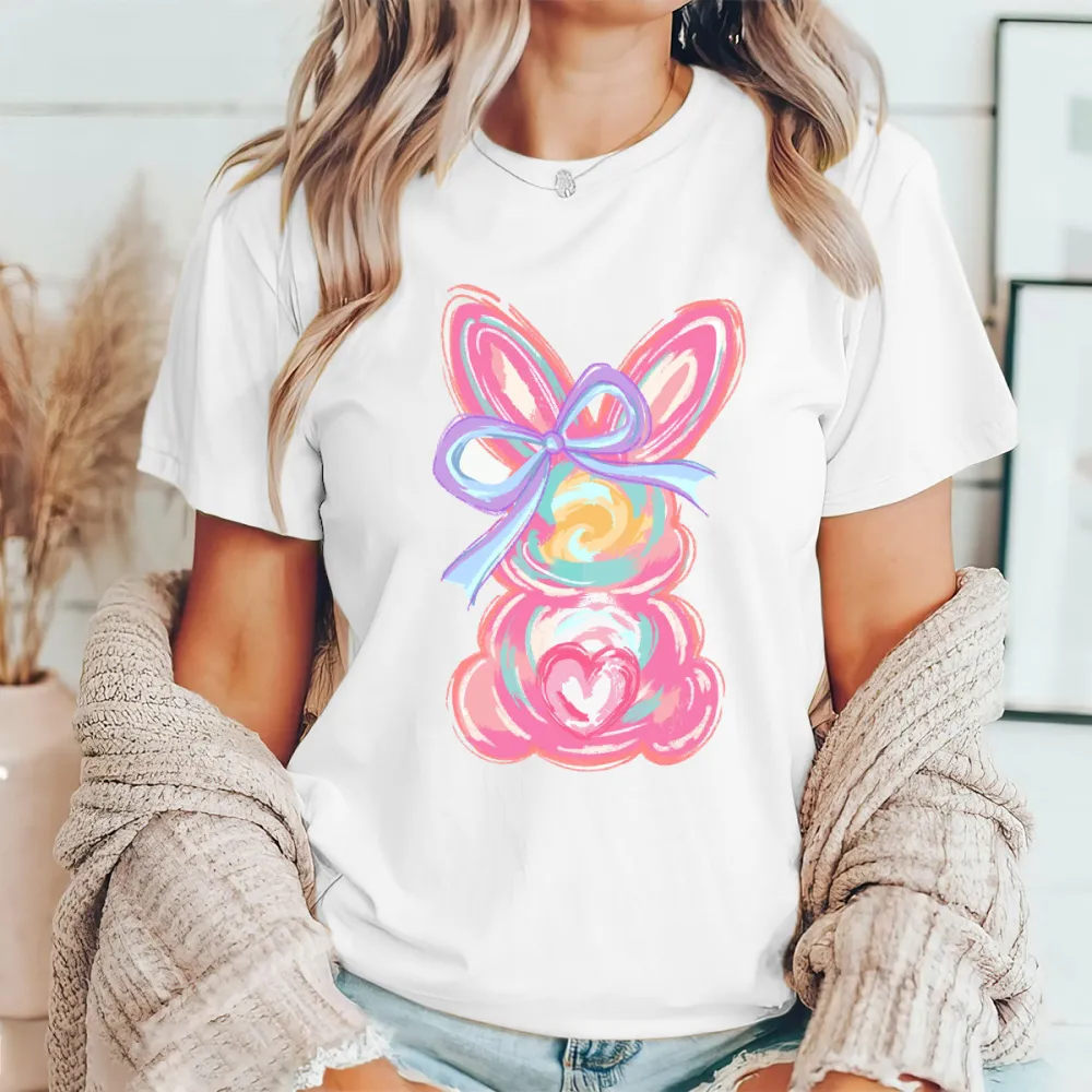 Colorful Ribbon Bunny Print T-Shirt
