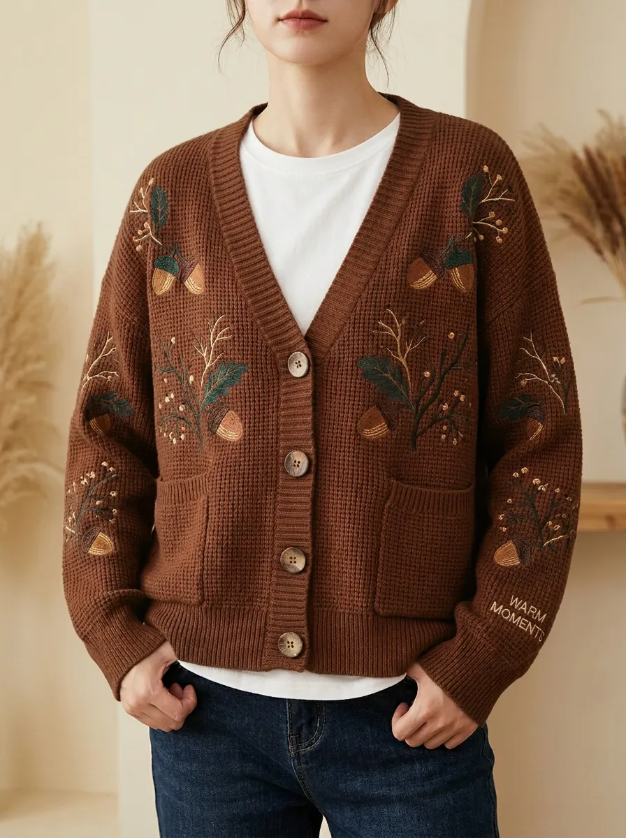 Acorn Branch Embroidered Women's Knit Cardigan