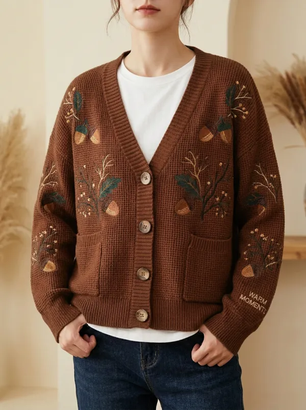Acorn Branch Embroidered Women's Knit Cardigan