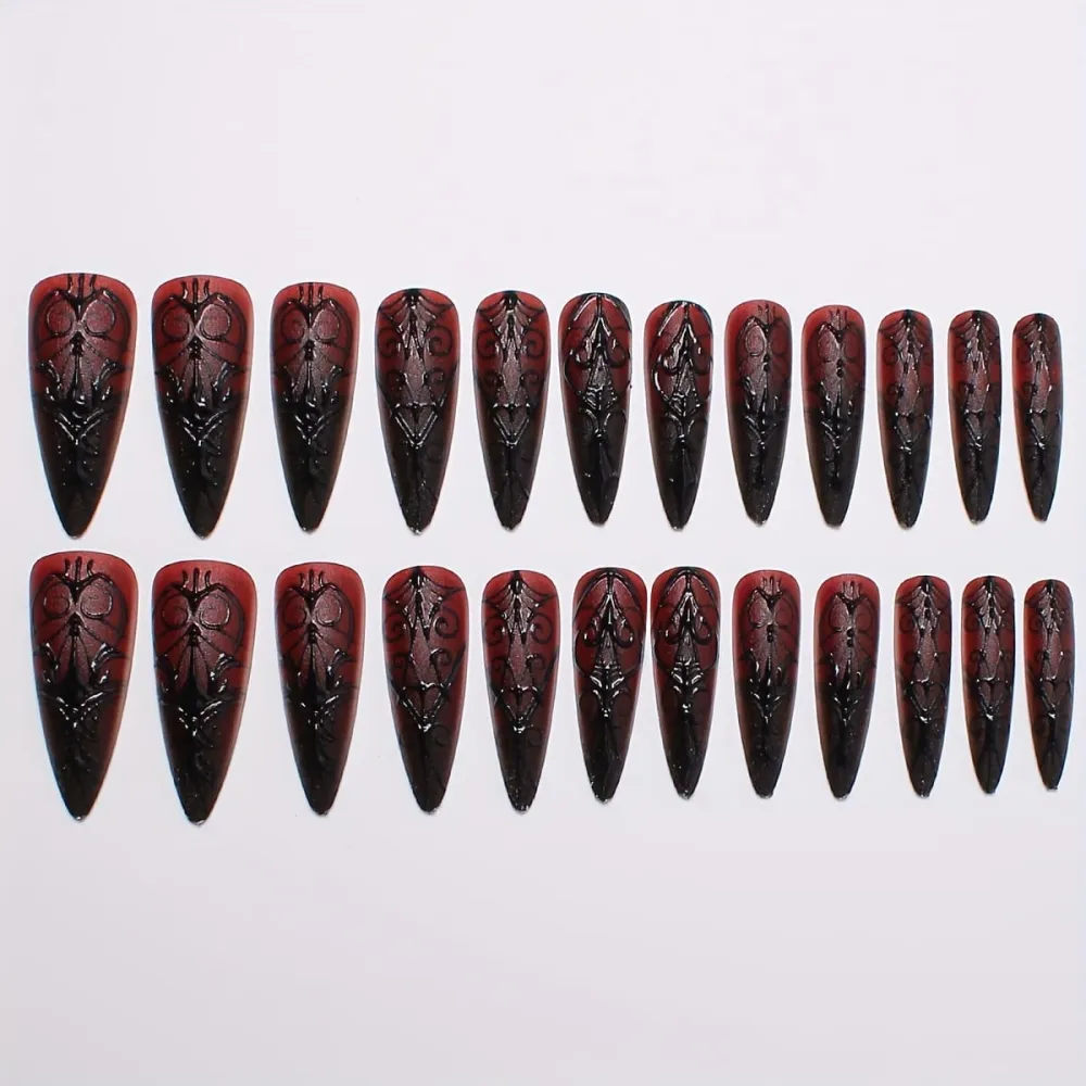 Nailhour 24Pcs Red Gothic 3D Long Stiletto Press On Nails