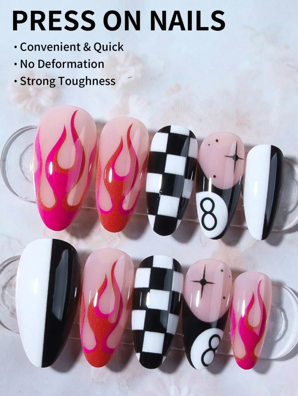Nailhour 24pcs Black White Plaid French Pointed Nail Tips With Spade 8 Press On Nails