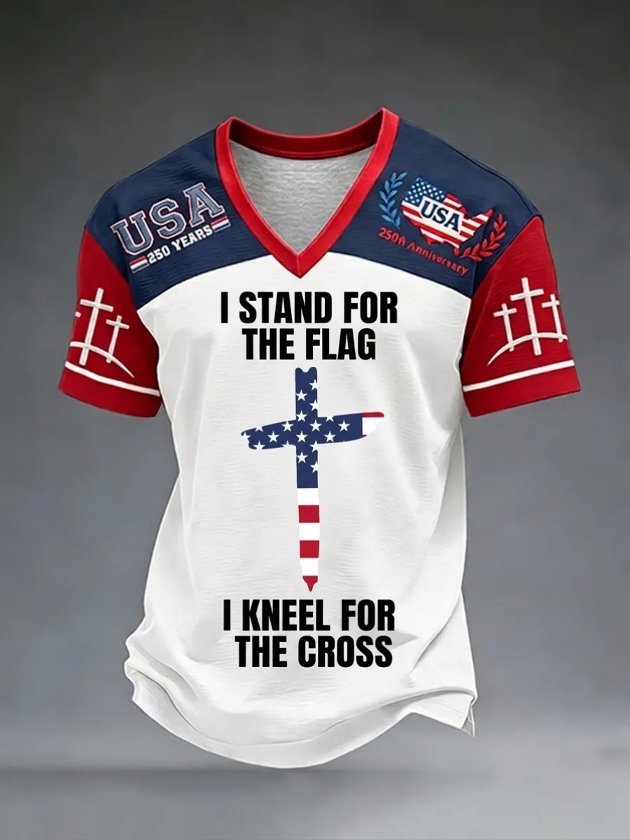 Men's America's 250th Anniversary Stand For The Flag Kneel For The Cross Faith Christian Cross Print T-Shirt