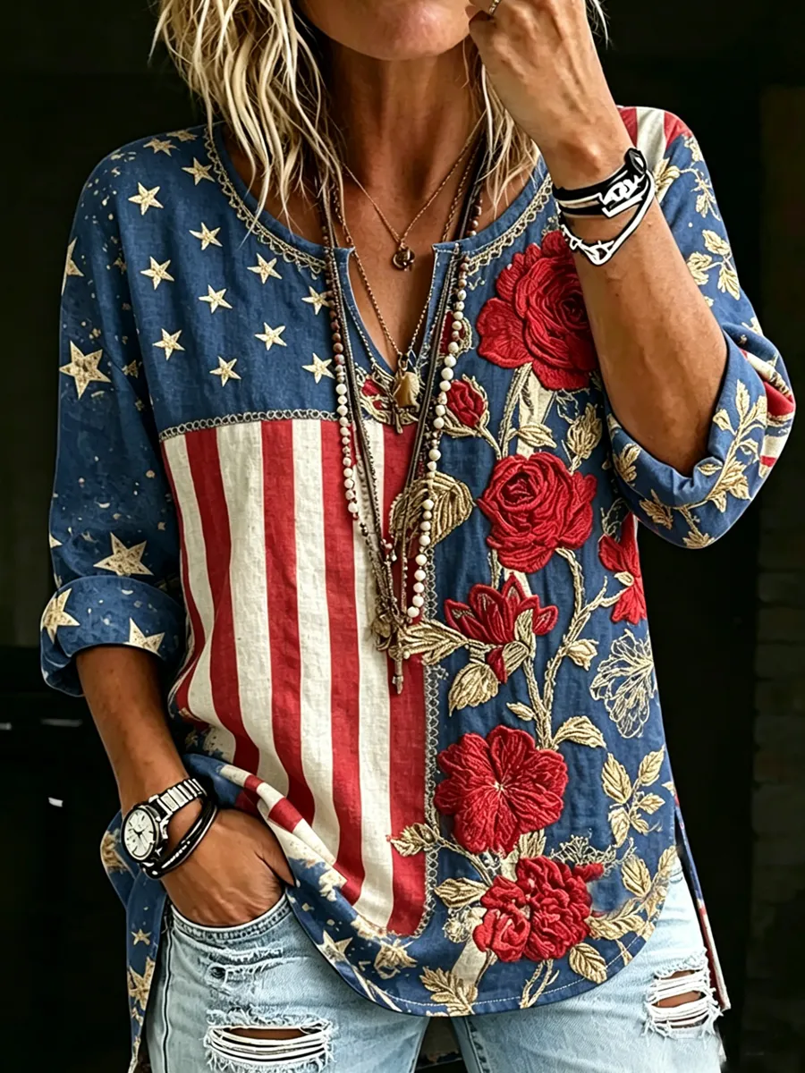Women's Retro-Art American Flag Crewneck Top with V-Notch