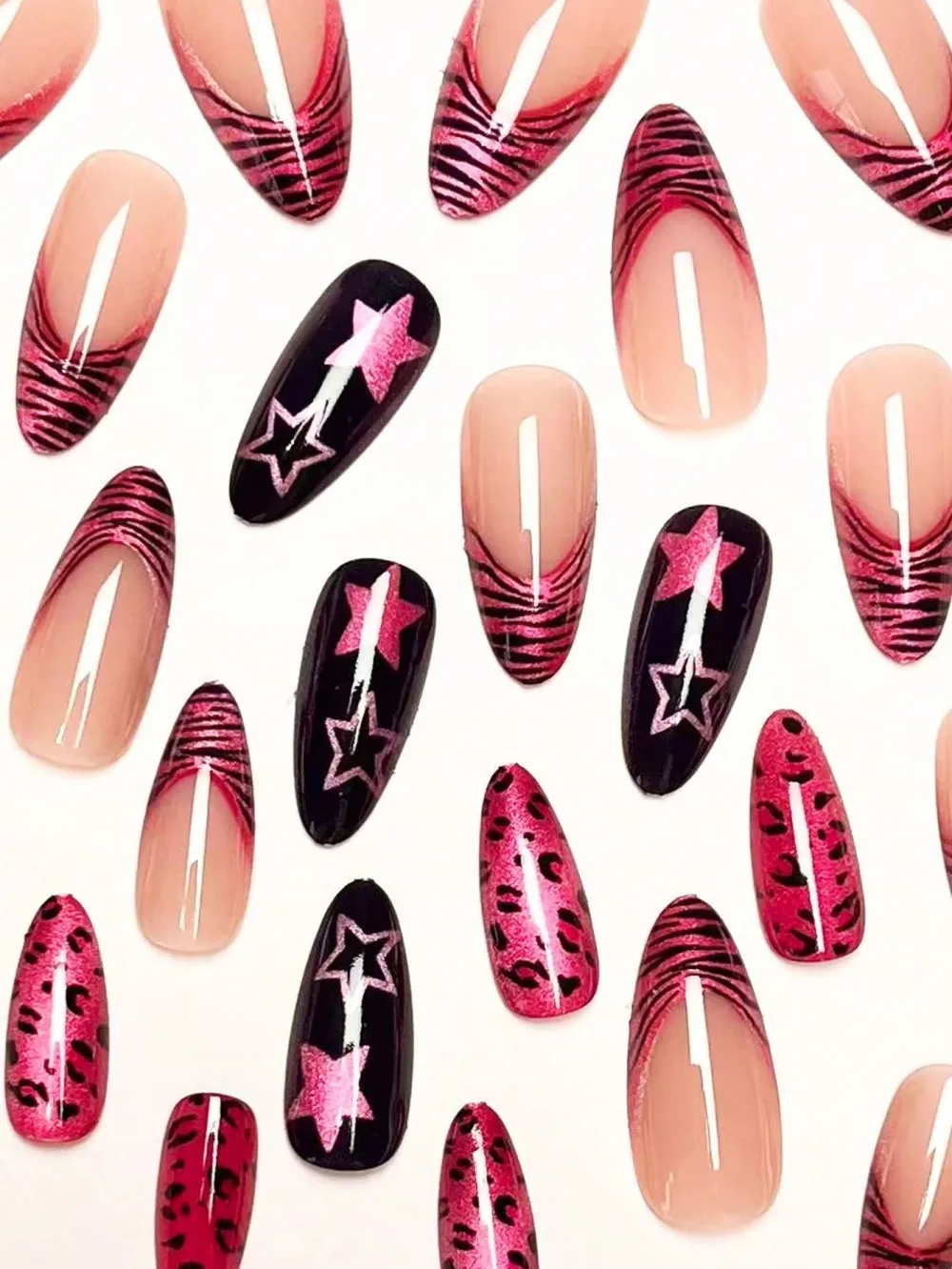 Nailhour Pink 24Pcs Cat Eye Almond Leopard Press On Nails