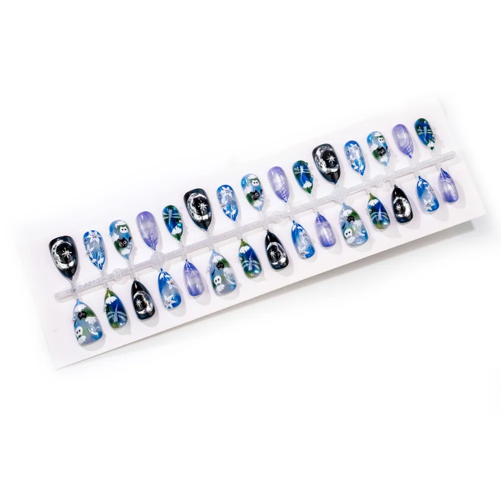 Nailhour 3D Ghost Cat Almond Nail Art Moon Flower Design 30Pcs Press On Nails