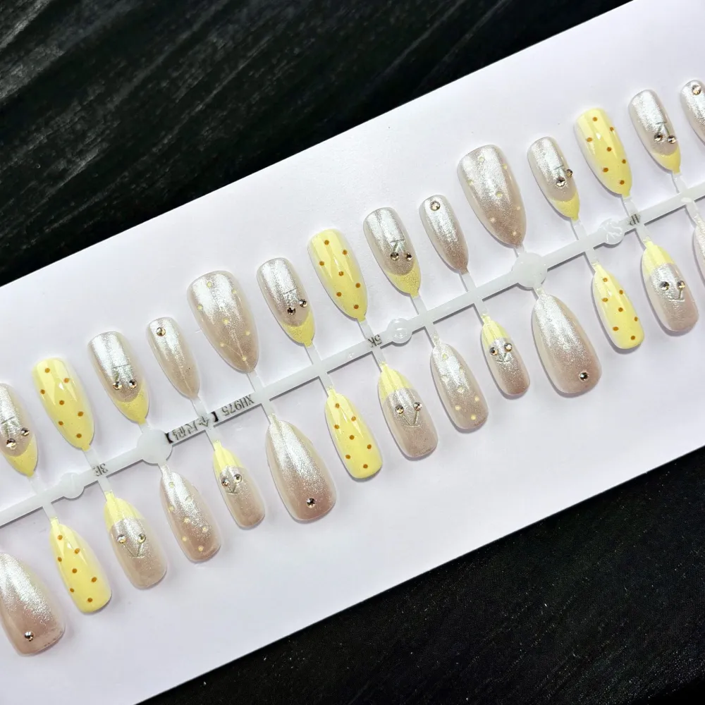 Nailhour 30Pcs Yellow Cherry 3D Medium Almond French Press On Nails