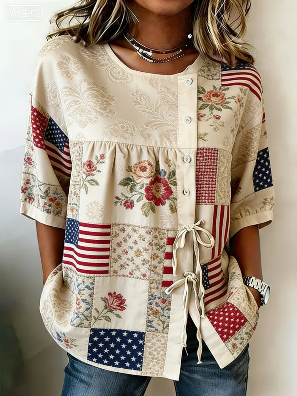 Ladies' Casual American Flag Floral Patchwork Personalized Printed Cotton And Linen Top