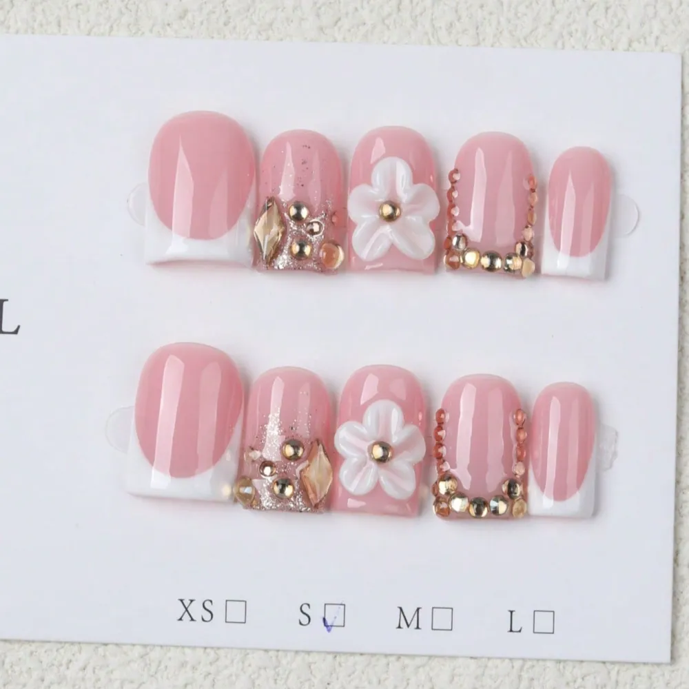 Nailhour 10Pcs French 3D Rhinestone Short Square Press On Nails
