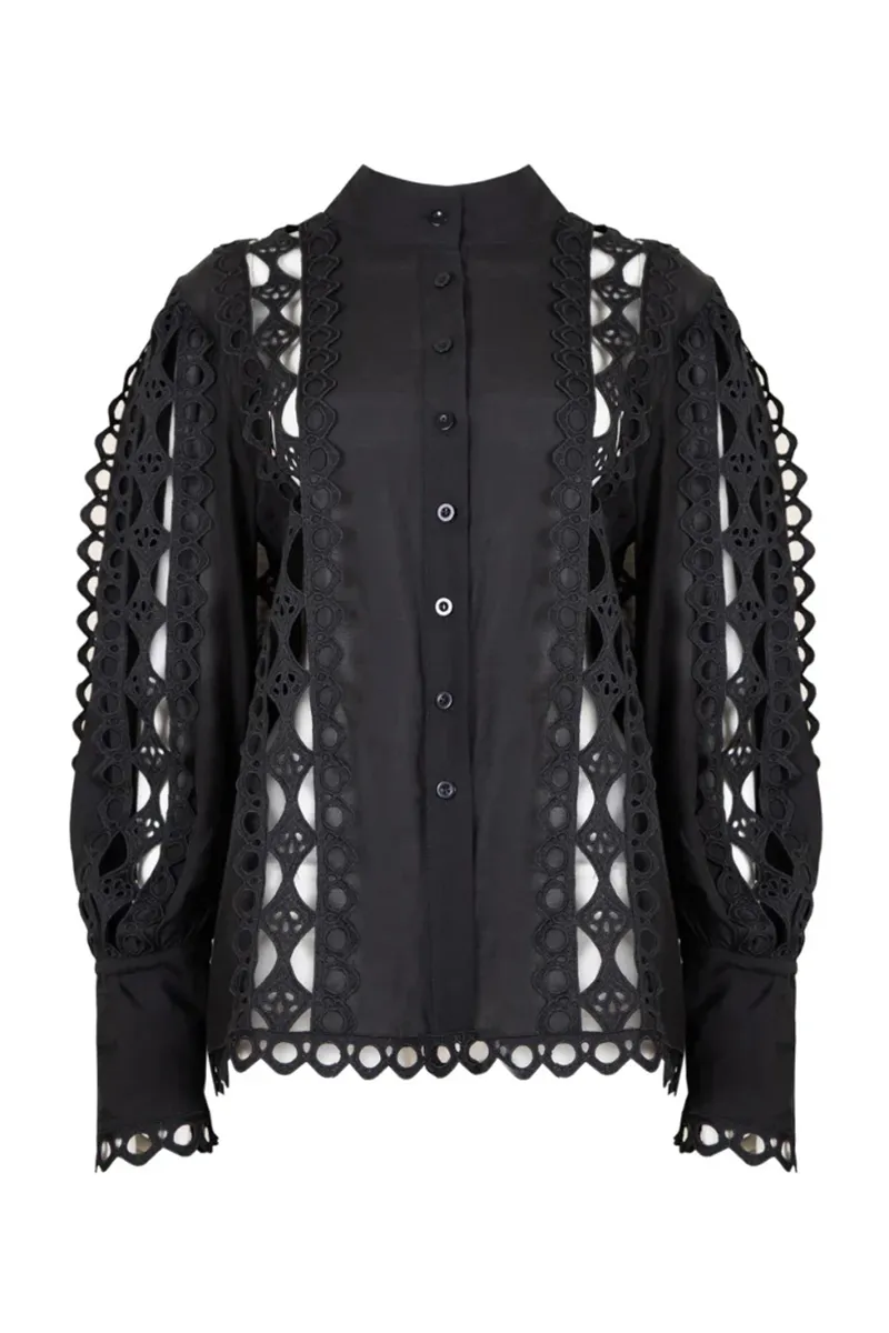 Cutout Detail Eyelet Embroidered Shirts