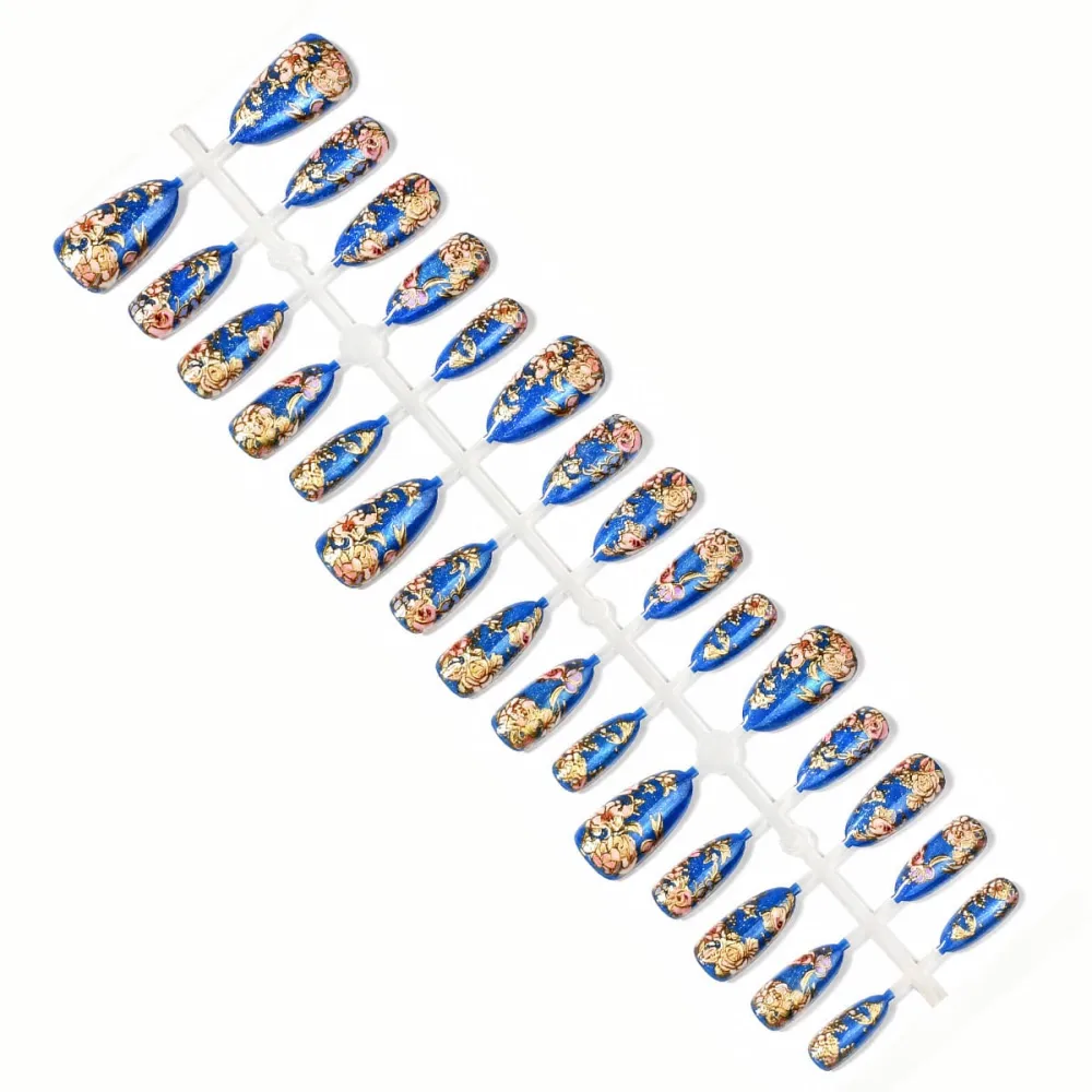 Nailhour 30Pcs Blue Cat Eye Medium Almond French Press On Nails
