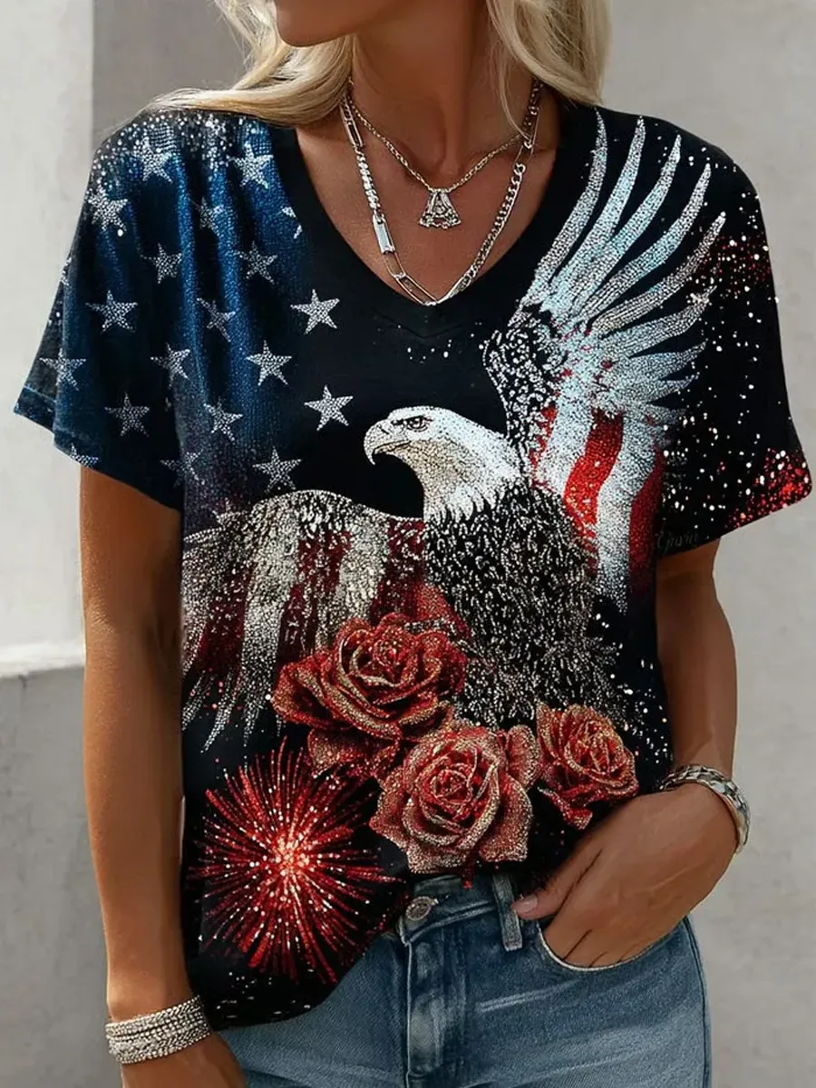 Women'S America Flag Printed Casual V-Neck T-Shirt