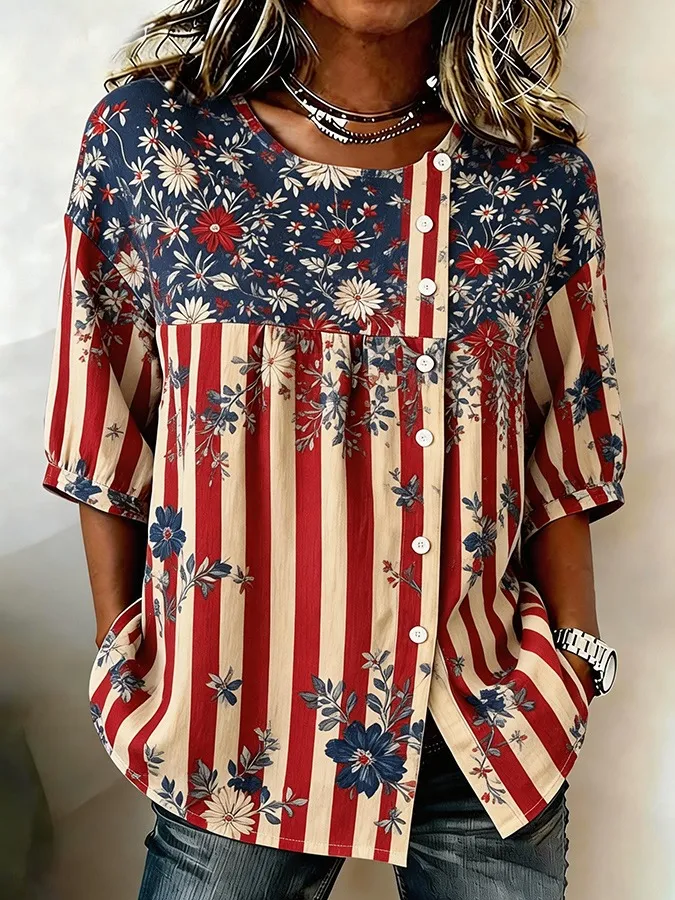 Women's Casual Patriotic 250th Anniversary Cotton Linen Shirt