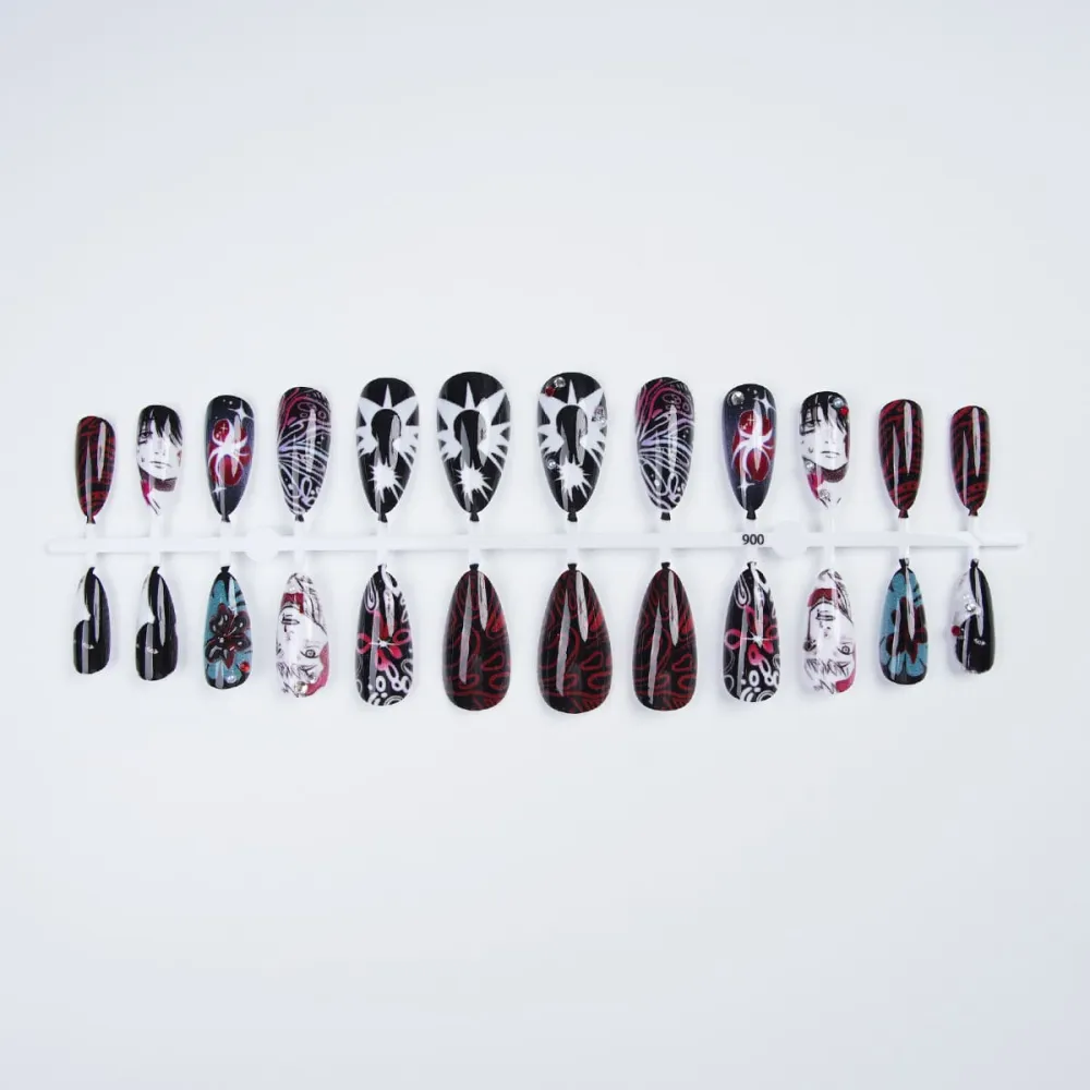 Nailhour 24Pcs Dark Gothic Rhinestone Multicolor Medium Almond Press On Nails