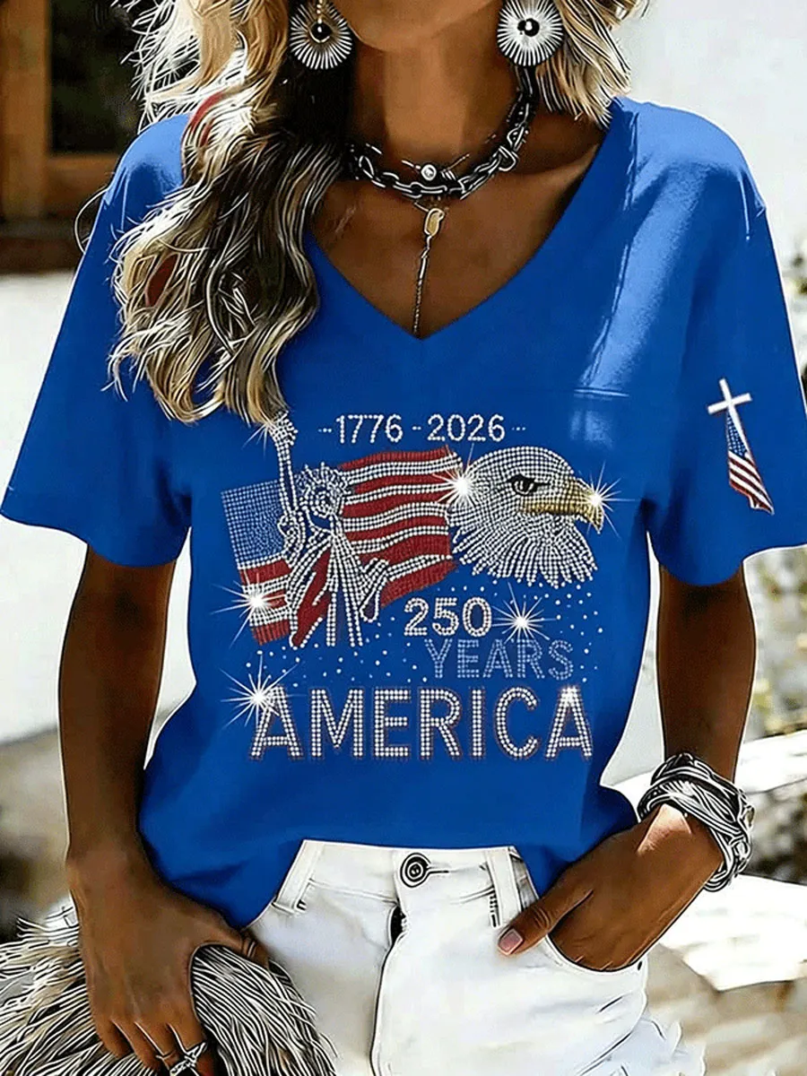 Ladies' American Flag Printed Casual Long Sleeve V-neck T-shirt