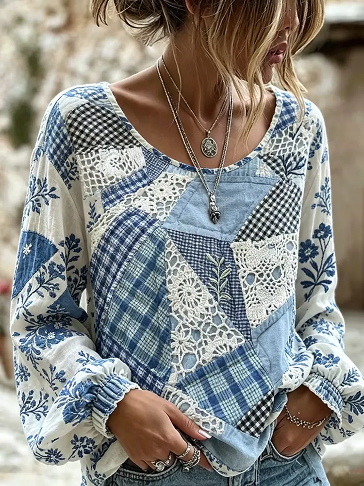Retro Plant And Flower Pattern Patchwork Design Casual Linen Top