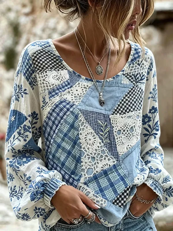Retro Plant And Flower Pattern Patchwork Design Casual Linen Top
