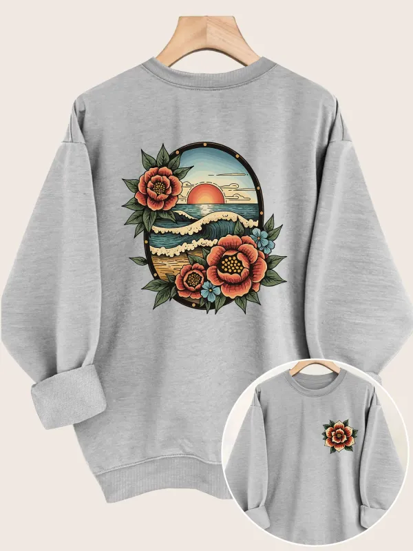 Reversible Vintage Style With Waves And Floral Print Long Sleeve Women Sweatshirt