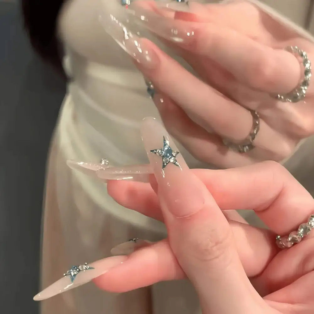 Nailhour 10Pcs Cat Eye Rhinestone Long Stiletto Press On Nails