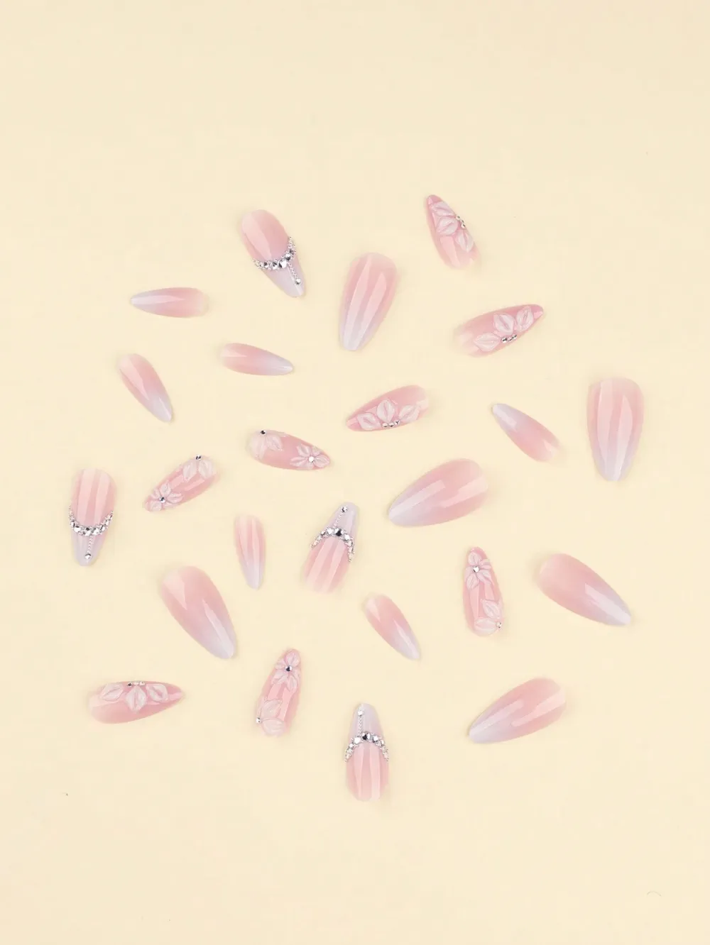 Nailhour 24pcs French White Ombre 3D Floral Decor Short Almond Press-On Nails