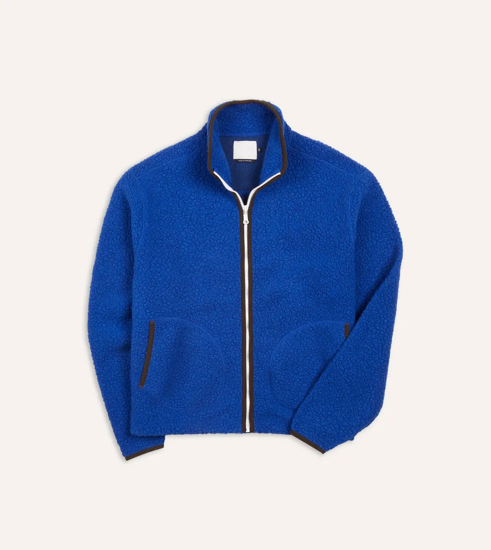 Casual Style Blue Boucle Wool Zip Fleece Jackets