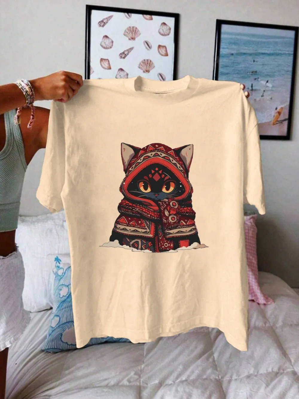 Cat in Hoodie Graphic T-Shirt