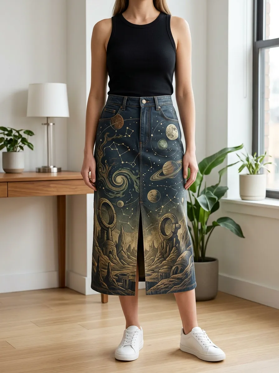 Women's Space Lover Galaxy Planet Constellation Printed Midi Skirt